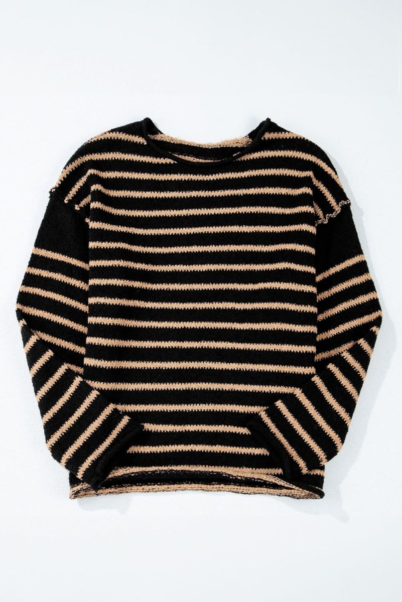 Trendy Black Striped Oversized Round Neck Sweater - Love Salve